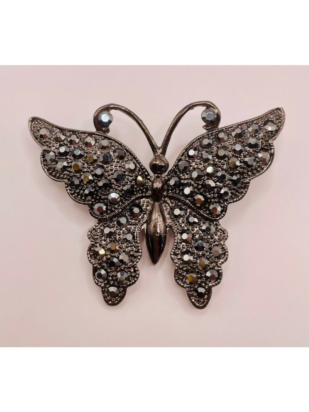 Rhinestone Black Butterfly Brooch Pin Antique Silver Tone -24B